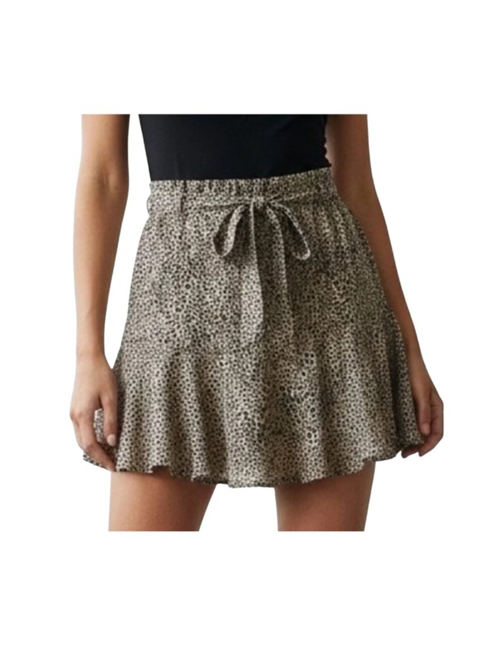 Women's Leopard Print Mini Skirt Tie Waist Ruffle Hem A Line S